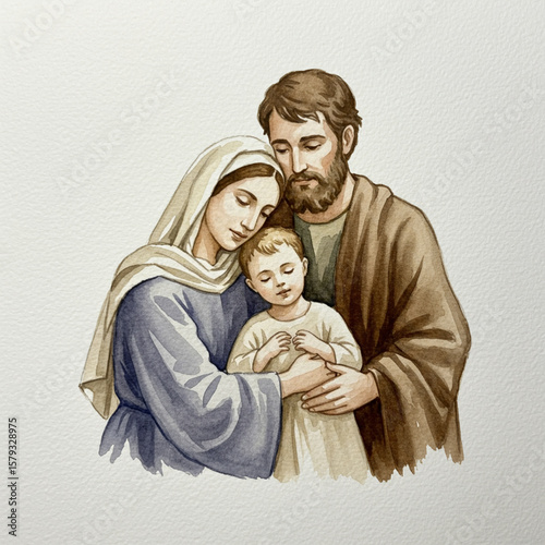 Watercolor Holy Family Painting: Mary, Joseph, and Jesus in Loving Embrace.