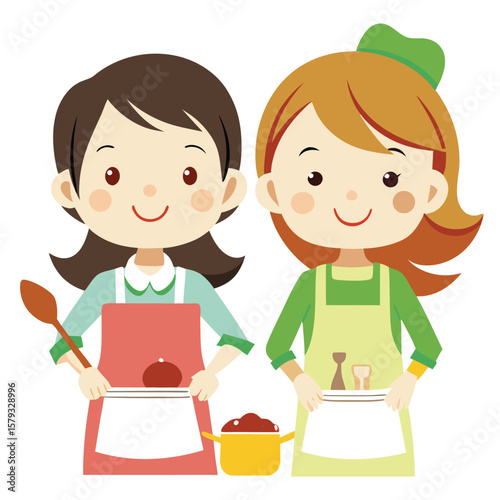 Two best friends happily cooking together with aprons on, sharing a fun and creative kitchen activity.