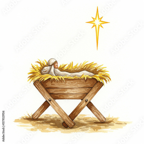 Watercolor Nativity Manger Scene with Shining Star on White Background. 8k.