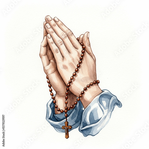 Watercolor Praying Hands with Rosary: A Symbol of Faith and Hope in 8k Detail.