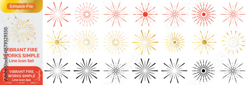 Set of golden fireworks icon. Festive fireworks with stars and sparks isolated on white background. Vibrant fireworks simple line icons