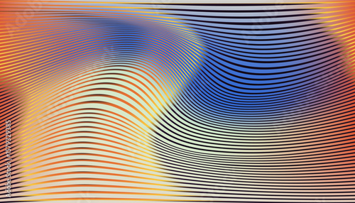 Abstract vector illustration in op-art style with a focus on wavy horizontal lines and a distorted, hypnotic visual effect. The theme is modern abstraction and movement, with smooth  shapes.