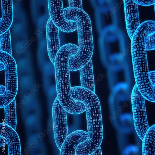 Digital blue chains interconnected with binary code patterns, symbolizing blockchain technology and secure data linkage.
