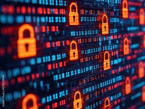 Digital screen displaying glowing orange padlocks and binary code representing cybersecurity and data protection.