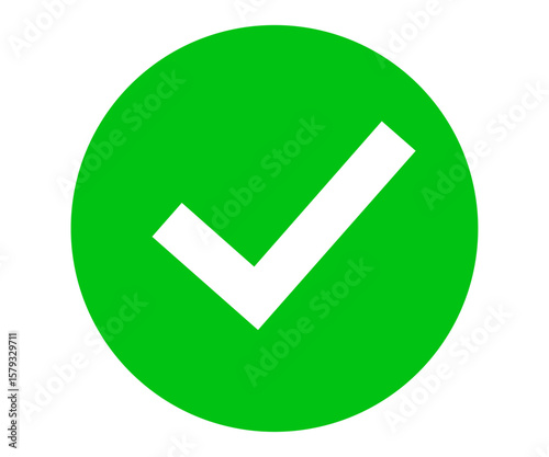 White tick on green round circle, check mark icon, tick mark sign, green approval check mark