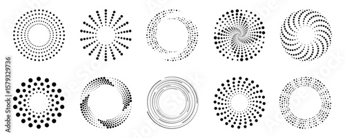 Spiral halftone dot element collection. Circle spiral texture. Black spiral decoration set