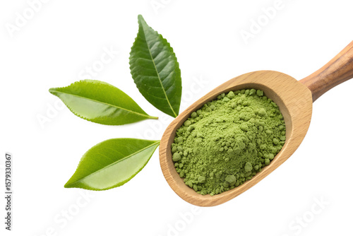 Fresh green matcha powder in wooden scoop with tea leaves isolated on transparent background