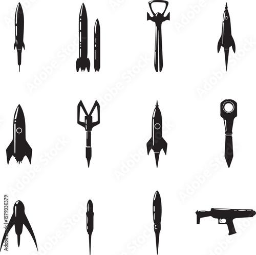 A collection of stylized black silhouettes of various rockets missiles and futuristic weaponry