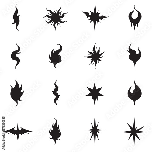 black silhouette flame and starburst graphic elements for design and decoration
