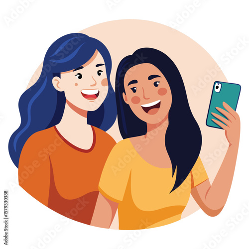 Two female friends taking playful mirror selfies and laughing, capturing fun memories together.
