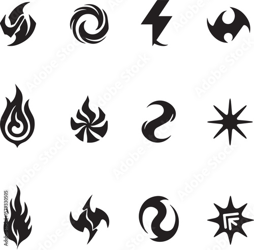 Collection of twelve stylized black abstract elemental symbols arranged in a three by four grid on a white background
