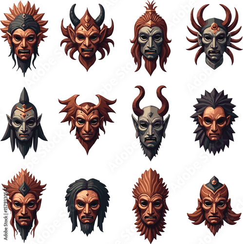 distinctive mythological creature masks with elaborate headdresses and fierce expressions