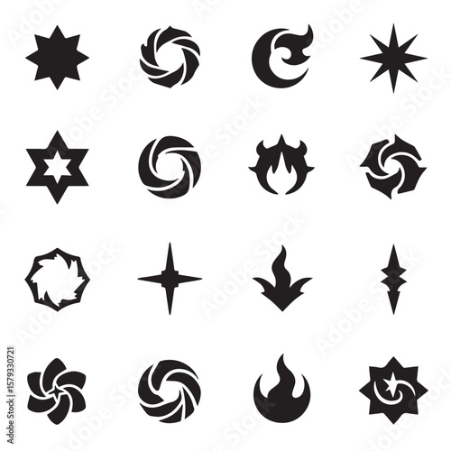 diverse black abstract geometric and organic symbols on a white background