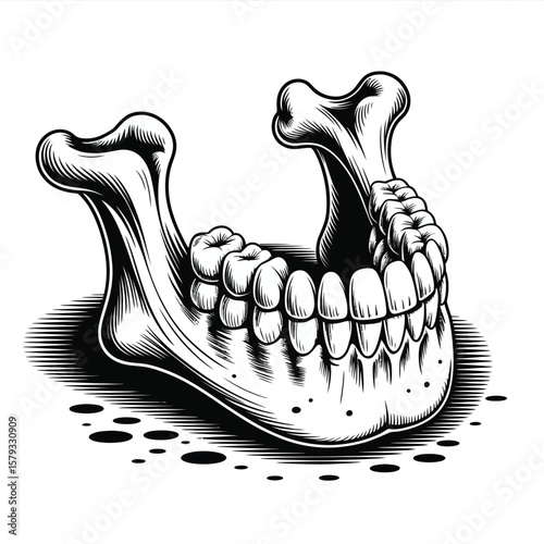 Stylized black and white illustration of a human mandible with teeth