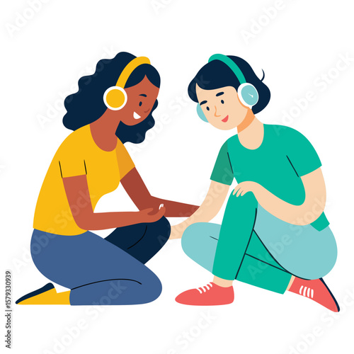 Two friends sitting on the floor, sharing headphones and enjoying music or audio together quietly.