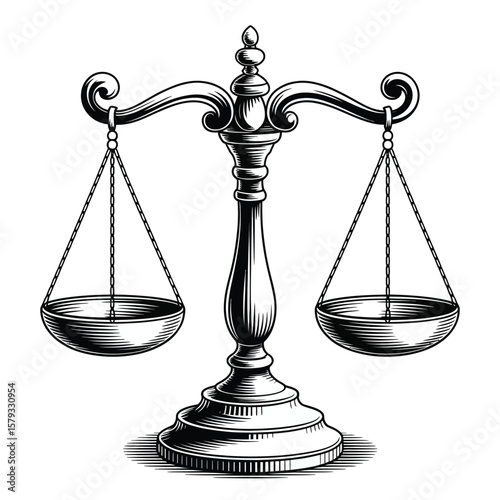 Vintage black and white illustration of the scales of justice symbol