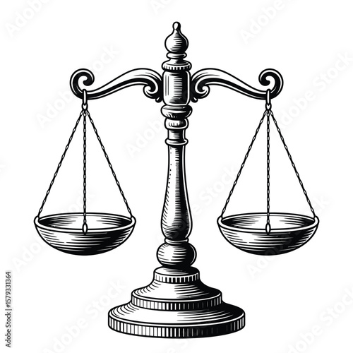 Vintage black and white illustration of a traditional balance scale