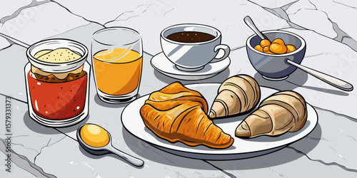 Delicious French breakfast featuring fresh croissants, coffee, and orange juice on a white table