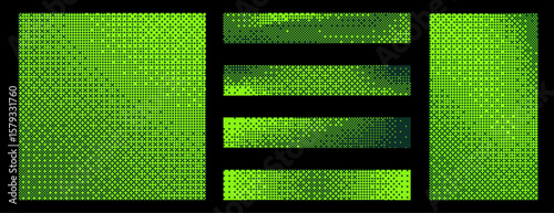 Green pixelated bitmap texture background set. Retro pixel art, glitch dither pattern, 8 bit background. Leisure or arcade games duotone border frame. Vector illustration