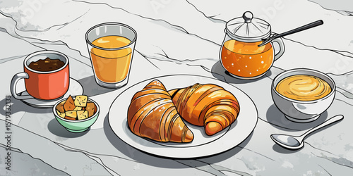 Delicious French breakfast with fresh croissants, coffee, and orange juice