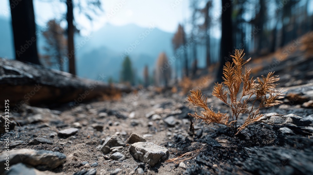 Small, dried plant emerging from charred earth. Small, dried plant emerging from charred earth.