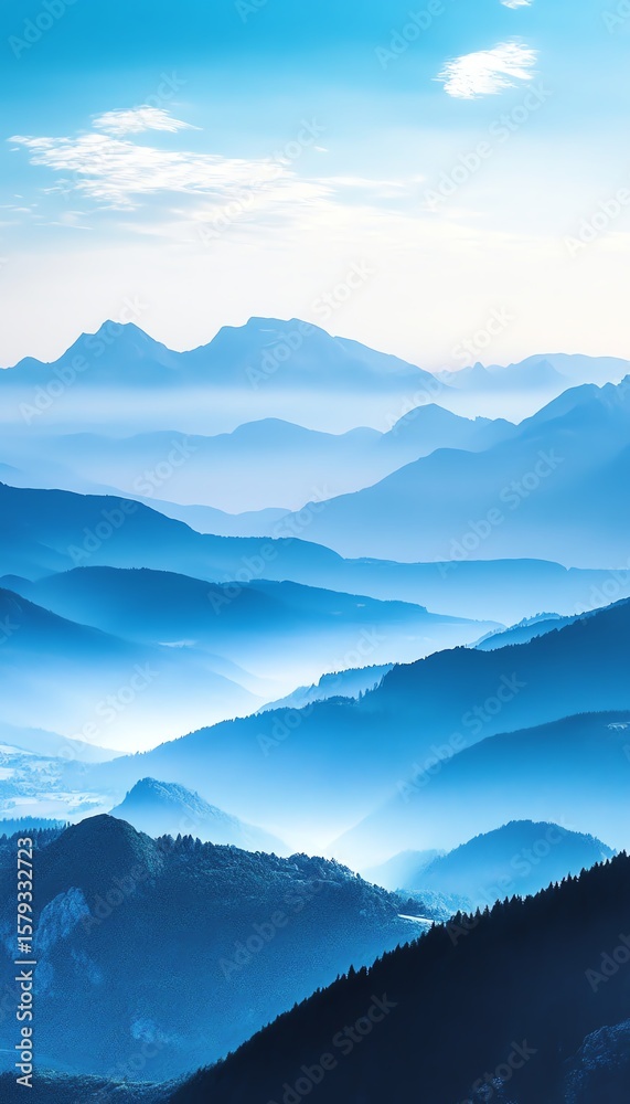 Fototapeta premium Majestic view of blue-toned mountain layers and misty valleys at dawn under a clear sky.