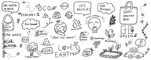 Hand drawn ecology and environment element line doodle set. Illustration vector design.
