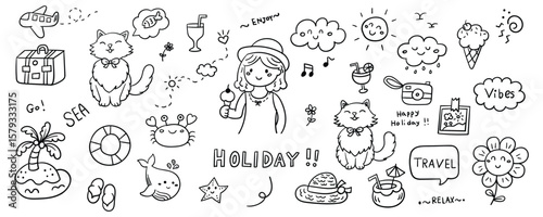 Hand drawn holiday and travel element line doodle concept set. Illustration vector design.
