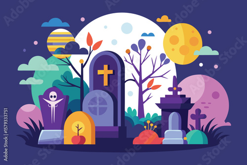 Spooky Halloween Graveyard Scene Colorful Flat Illustration of Tombstones, Moon, and Spectral Figures