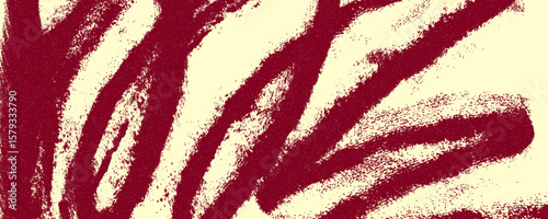 Grunge ink splatter spiral brush strokes with grain texture. Sand grain effect. Contemporary grunge background. Trendy graffiti wallpaper with red curly lines on light yellow bg. Funky banner.