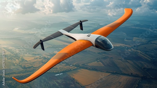 Modern electric aircraft over rural landscape