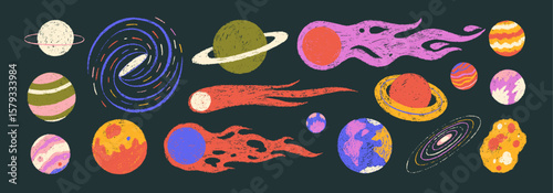 Crayon drawn planets and comets collection. Colorful childish funky cosmic icons with pencil texture. Doodle outer space cosmic icons set. Funky kid's illustration.