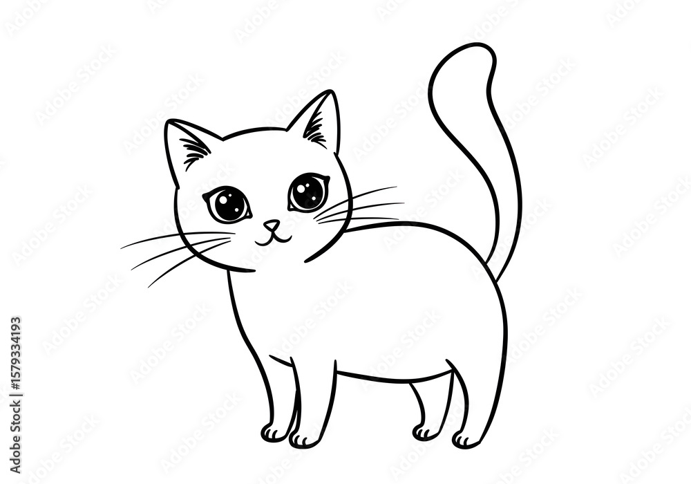 Obraz premium Cute Cartoon Cat Illustration | Simple Line Art Drawing of a Kitten for Children's Books, Educational Materials, and Pet-Themed Designs