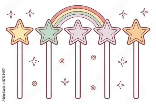 Magical Pastel Rainbow Star Wands Enchanting Illustration of Whimsical Design Elements