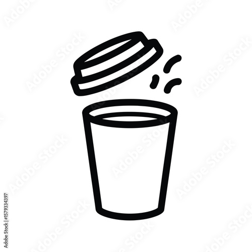 Simple black line art icon of a disposable coffee cup with a lid being removed