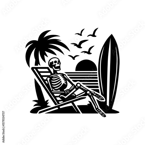 A Relaxed Skeleton on a Beach Chair at Sunset with a Surfboard.
