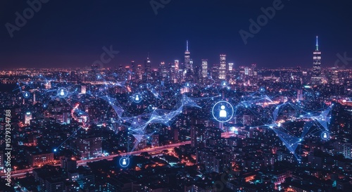 Wallpaper Mural Global Network Cityscape at Night - Night cityscape showing a network of connections between buildings, representing global communication and technology Torontodigital.ca