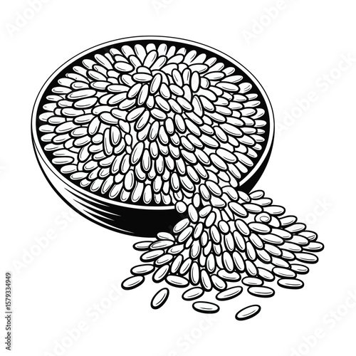 Black and white illustration of a bowl overflowing with rice grains spilling out