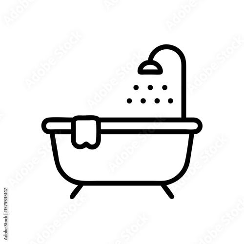 Minimalist black outline vector icon of a white bathtub, symbolizing bath time, hygiene, and relaxation. Isolated on a white background