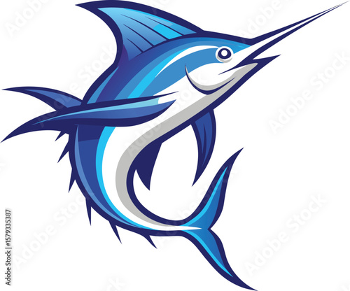Powerful Blue Marlin Fish Jumping, Ocean Predator, Marine Life Vector Illustration