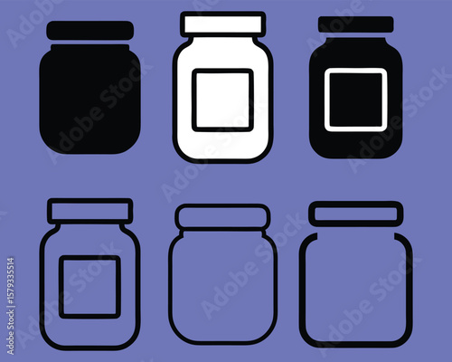 Six stylized jars in black and white on purple background