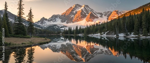 Fototapeta Naklejka Na Ścianę i Meble -  Ultra-wide photorealistic landscape of a mountain river turning left beneath snowy peaks. The mountains are closer and sharply detailed, reflected in the glassy surface of the river. Pine trees covere