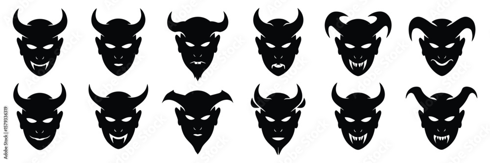 Naklejka premium Demon and Devil Silhouettes Set – Large Vector Pack of Fiery, Dark, and Hellish Figures, Isolated on White Background