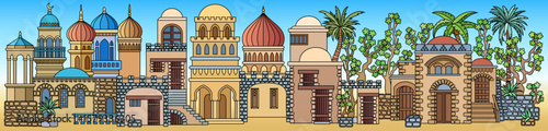 Arabic paper cut style wide panorama of an ancient oriental city with many houses, domes and palm trees on dark blue background. Ramadan and travel concept vector.