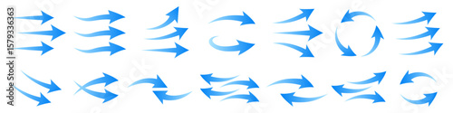 Arrow showing wind air flow set isolated, airflow and ventilation, climate control, air direction circulation motion and strength signs