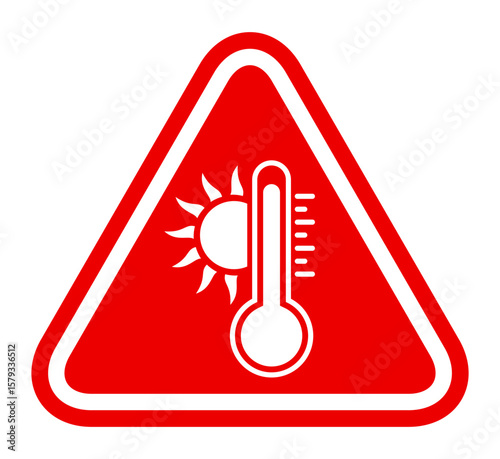 Red warning triangle with sun and thermometer icon, precaution mark indicating danger from high temperatures or heat
