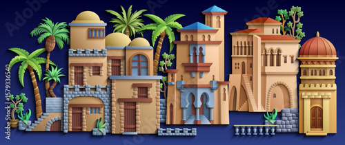 Arabic paper cut style wide panorama of an ancient oriental city with many houses, domes and palm trees on dark blue background. Ramadan and travel concept vector.