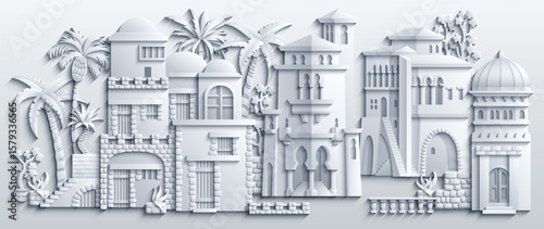 White paper cut style wide panorama of an oriental city with detailed building facades, domes and palm trees. Minimalist 3D vector for architectural background.