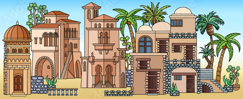 Arabic paper cut style wide panorama of an ancient oriental city with many houses, domes and palm trees on dark blue background. Ramadan and travel concept vector.