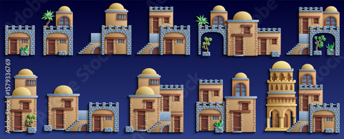 Set of oriental architectural elements in paper cut style. Vector icons of desert houses, domes, stairs and arches isolated on dark blue. Middle eastern building kit.